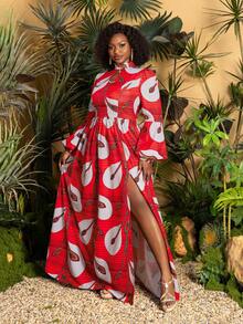 Faeriesty Plus Size Women's Elegant Red Floral Print Dress, With Fashionable Floral Pattern, Lantern Sleeves, Slit Design, Suitable For Elegant Party, Beach Vacation Spring - Red - View 8