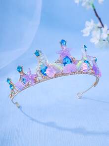 1pc Elegant Crystal Princess Crown, Starfish, Seashell Mermaid Tail Headband, Performance/Birthday Gift Crown - Lake Blue - View 4