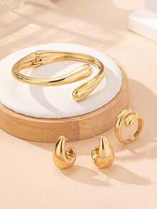 3-Piece Teardrop Shaped Set: Earrings + Ring + Gold Bracelet | Elegant Women's Fashion Jewelry - Vàng - Xem 3