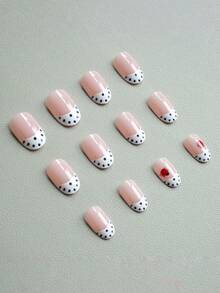 24片短款椭圆形按压式美甲贴片，法式波点短款美甲，瓢虫图案，亮面全覆盖假指甲，DIY美甲用品，适合女性日常佩戴、约会、秋冬季派对等场合。 - 紅白色 - 查看 4