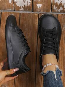 女士加大码宽楦简约风格皮革拼接系带赤足鞋，适合户外运动 - 黑色 - 查看 6