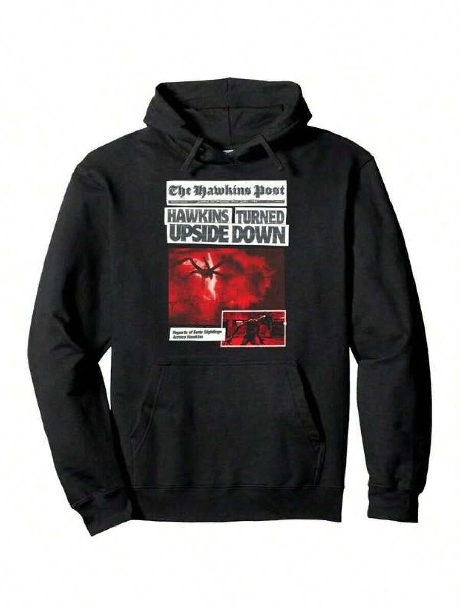 Stranger ThingsA Season 5 The Hawkins Post Retro Newspaper Pullover Hoodie - Black - View 1