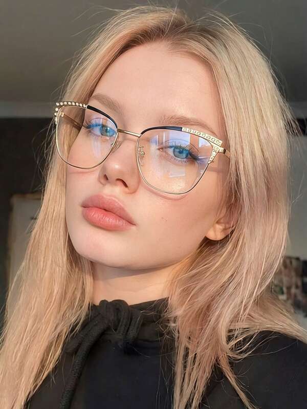 1 Pair Women's Multi-Color Cat Eye Metal Frame Retro Contrast Color Fashion Rhinestone Decor Spring Leg Clear Lens Glasses
