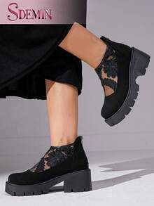 SDEMIN Early Autumn And Winter Daily Wear, Date Travel, Ladies' Temperament, Floral Print Lace Ankle Boots, Back Zipper Square High Heels, Round Toe Boots, And Fashionable Pointed Black Mesh Breathable High Heels - màu đen - Xem 3