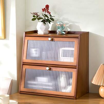 3-Tier Bamboo Storage Cabinet With Fluted Acrylic Doors, 19.7 Inch Trapezoidal Kitchen Organizer. Dark Brown Dustproof Cupboard With Magnetic Closure. 33 Lbs Load Capacity Bathroom Or Pantry Shelf