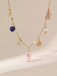 1pc Fashionable Bohemian Beach Holiday Fish, Starfish & Shell Pendant Necklace, Suitable For Daily, Holiday, Party Wear - Multicolor - View 7