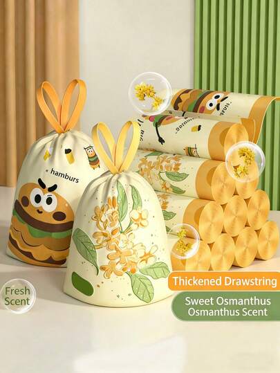 1 Roll Of 10/60pcs Large Size Cartoon Pattern Trash Bags, Drawstring Household Garbage Bags With Hamburger & Osmanthus Flower Designs, Leak-Proof, Durable & Portable Plastic Trash Bags For Kitchen, Bathroom, Bedroom, Living Room And Outdoor Use - Versatile Household Cleaning Essential