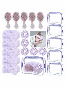 Set Sleepover Party Essentials Pack For Women Birthday Favors- Polyester Spa Party Supplies ,Purple Non-Electric Facial Cleansing Tools With Hair Bands, Combs, And Storage Bag For Bachelor Party, Sleepover, Spa Makeup Removal Kit, Storage Tote Bags Set Hair Scrunchie Gift Bags Spa Slumber Sleeping Stuff Accessories Bachelorette - Multicolor - View 1