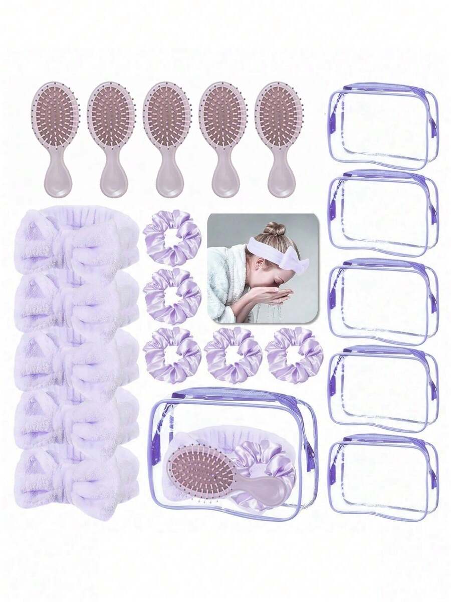 Set Sleepover Party Essentials Pack For Women Birthday Favors- Polyester Spa Party Supplies ,Purple Non-Electric Facial Cleansing Tools With Hair Bands, Combs, And Storage Bag For Bachelor Party, Sleepover, Spa Makeup Removal Kit, Storage Tote Bags Set Hair Scrunchie Gift Bags Spa Slumber Sleeping Stuff Accessories Bachelorette - Multicolor - View 1