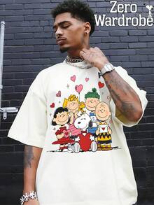 SNOOPY Valentine's Day Element Pattern Print, White Men's Short Sleeved Round Neck T-Shirt. Comfortable And Breathable, Suitable For Daily Wear. A Casual And Fashionable Short Sleeved Top, A Simple And Stylish Men's White T-Shirt. - trắng - Xem 2