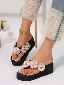 春夏EVA度假风波西米亚坡跟拖鞋，中国风花卉女士凉鞋 - 黑色 - 查看 2