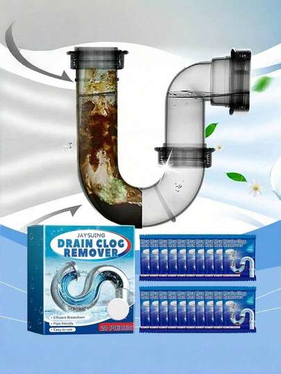JAYSUING 管道清洁片，适用于厨房和浴室排水管道，可有效清除油脂、毛发和其他杂物堵塞，并有助于去除异味。它与水快速反应，产生丰富泡沫，深入管道内部，分解顽固堵塞物。