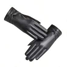 1 Pair Women's Autumn Winter Faux Leather Touch Screen Gloves Fleece Lined Warm Windproof For Cycling Commute - Black - View 8