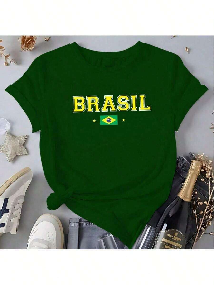 Brazil T-Shirt/Blouse, Cotton Shirt, Basic Minimalist Print, World Cup Games - Màu xanh lá cây đậm - Xem 1