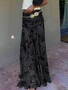 Vintage Cashew Flower Print Mesh Sheer Low Waist Draped Asymmetrical Hem Skirt Black Summer - Black - View 5