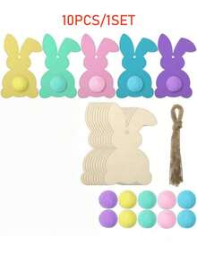 20pcs Unfinished Wooden Easter Bunny Silhouette Shapes With Colorful Pom Poms, Hanging Ornaments, Bunny Shape Craft Tags, Wooden Pendants, DIY Decorations, Wooden Shavings Bunny Paper Cutting Easter Wooden Craft - Multicolor - View 9