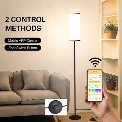 1 Pack RGB Cloth Shade Metal Floor Lamp, App And Remote Control, Dimmable 2700K-6500K, Modern Standing Lamp For Living Room Bedroom, Decorative Lighting With Color Changing