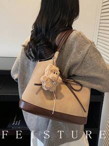 1pc Fashion Color Block PU Leather Handbag, Stylish Shoulder Tote Bag, Suitable For Daily Outing, Dating, Commuting, Comes With Pendant - Khaki - View 6