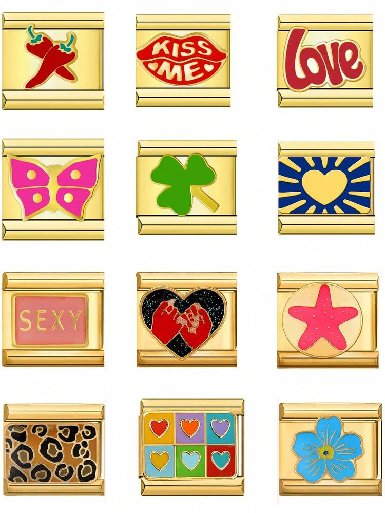 1pc Elegant Golden Stainless Steel DIY Jewelry Accessory, Paired With Colorful Patterned Metal Base, Decorated With Heart, Clover And Rose Designs, Versatile Use, Great Gift Choice, Fashionable Accessory, Meticulously Handcrafted - Multicolor - View 7