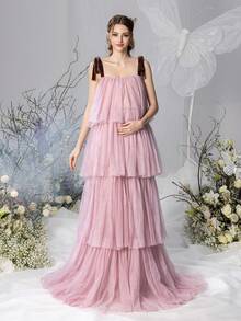 Faeriesty Đầm bầu không tay thanh lịch – Lưới xuyên thấu, chân váy xếp lớp, hoàn hảo cho tiệc mừng em bé, tiệc sân vườn và bữa tối lãng mạn - Hồng - Xem 6