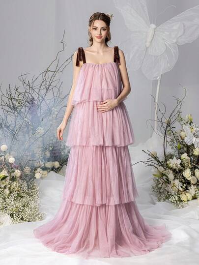 Faeriesty 优雅孕妇无袖长款派对礼服 | 轻盈网纱面料，麂皮肩带可调节，尽显浪漫风情，层叠荷叶边下摆搭配多层薄纱，完美适用于春季婚礼、母亲节庆祝活动