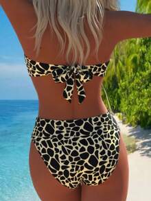 两件套豹纹系带性感比基尼套装，夏季度假沙滩装 - 豹紋 - 查看 2