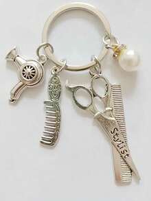 Y2K Barber Hairdryer Scissors Keychain Vintage Metal Keyring Wallet Bag Car Key Chain Pendant Gift Automotive Accessories Campus Goth Style - Silver - View 3