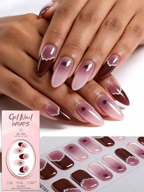 16片半固化凝胶美甲贴纸，甜美个性化情人节爱心闪粉水晶美甲贴纸，甜美渐变黑到裸粉色，日常和派对无缝过渡，需使用UV灯固化，持久耐用，适合女性和女孩日常、情人节、派对DIY美甲用品