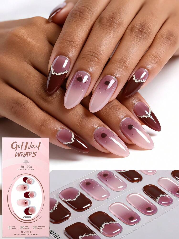 16片半固化凝胶美甲贴纸，甜美个性化情人节爱心闪粉水晶美甲贴纸，甜美渐变黑到裸粉色，日常和派对无缝过渡，需使用UV灯固化，持久耐用，适合女性和女孩日常、情人节、派对DIY美甲用品 - 紫色 - 查看 1