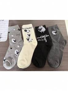 4 Pairs Women Cute Cartoon Sheep Pattern Casual Ankle Socks, Autumn - Multicolor - View 7