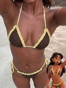 ROMWE Avant Women's Retro Polka Dot & Plaid Bikini Set, Suitable For Outings, Vacations, Music Festivals, Pool Parties, Carnivals And Other Summer Occasions Beach - Brownish-yellow - View 2