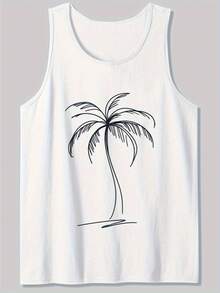 Men's Soft Breathable Cotton Tank Top - Relaxed Fit Sleeveless Shirt With Black Palm Tree Graphic, Lightweight Beach Shirt For Gym, Vacation, Everyday Casual - Medium Stretch Tropical Apparel, Summer Outfit, Round Neckline, Comfortable Fit Minimalist, Modern, And Made For Versatility. This Sleeveless Tank Top Is The Ultimate Building Block For Countless Outfits-Durable, Easy To Care For, And Designed To Last, It's A Smart Investment For Any Wardrobe. Grab Yours Today And Experience Effortless Style At Its Best! - 白色 - 查看 1