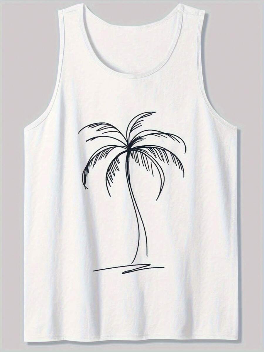 Men's Soft Breathable Cotton Tank Top - Relaxed Fit Sleeveless Shirt With Black Palm Tree Graphic, Lightweight Beach Shirt For Gym, Vacation, Everyday Casual - Medium Stretch Tropical Apparel, Summer Outfit, Round Neckline, Comfortable Fit Minimalist, Modern, And Made For Versatility. This Sleeveless Tank Top Is The Ultimate Building Block For Countless Outfits-Durable, Easy To Care For, And Designed To Last, It's A Smart Investment For Any Wardrobe. Grab Yours Today And Experience Effortless Style At Its Best! - 白色 - 查看 1
