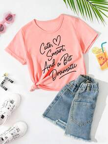 Girls' Casual Letter Print Round Neck Short Sleeve T-Shirt, Summer - Pink - View 1