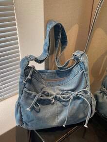 休闲简约轻便女士斜挎包，独特褶皱设计搭配蝴蝶结装饰，大容量，方便通勤，适合上学、上班，也可作为女士单肩包使用。 - 藍色 - 查看 8