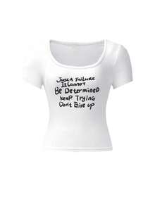 Áo thun nữ cổ chữ U tay ngắn, kiểu dáng Mỹ quyến rũ, in chữ mới mùa hè, áo crop top ôm sát thời trang và đa năng, phong cách thường ngày. - trắng - Xem 3