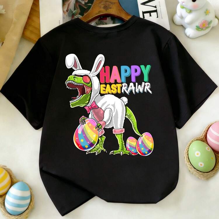 Young Girl Easter Dinosaur T-Shirt, Happy Eastern Prairie Tyrannosaurus Rex Dinosaur Easter Bunny Egg Print Casual Round Neck Short Sleeve Children Clothing - Black - View 10