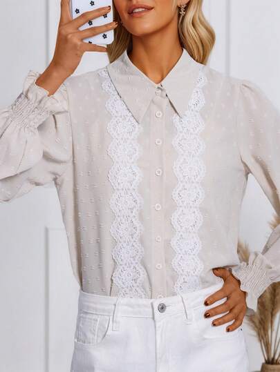 Women's Vintage French Lace Patchwork Lantern Sleeve Blouse, Unique Jacquard Design For Commute And Date