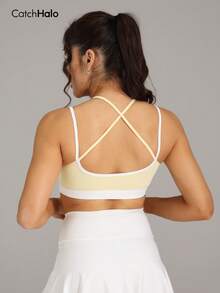 Women's Padded Sports Bra With Removable Cups, Cross Back Yoga Bra For High Support Workout & Fitness - Light Yellow - View 2