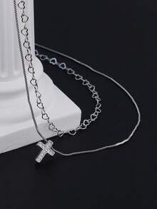1pc Elegant Zirconia Inlaid Cross & Heart Pendant Dual Layer Necklace, Suitable For Women's Daily Dates, Music Festivals - Silver - View 4