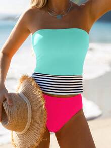 popvil Women Beach Striped Colorblock Tankini Set Reversible Tank Top Beach Swimwear For Summer Vacation Holiday - Multicolor - View 5