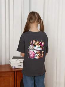 Tween Girl Cute Beverage & Donut Print Round Neck T-Shirt, Summer Top - Dark Grey - View 2