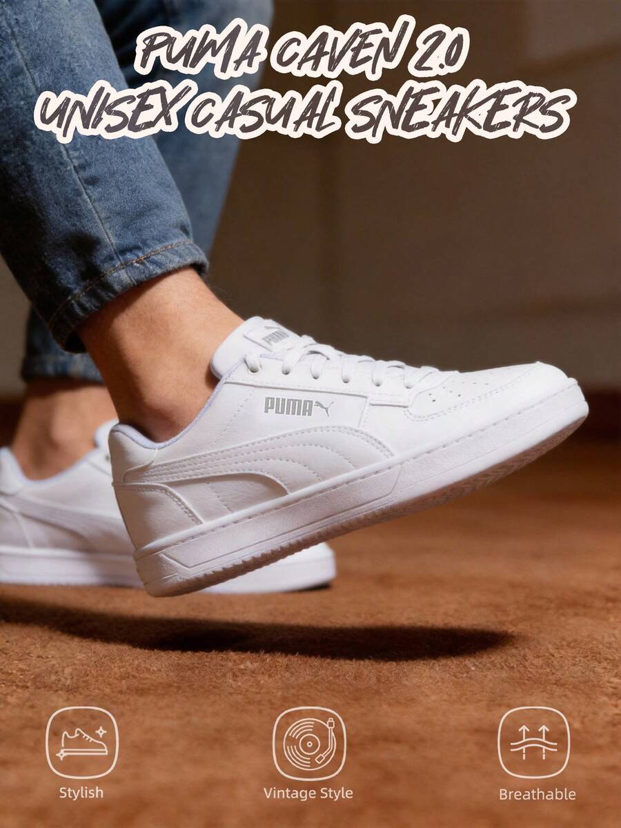 Puma Caven 2.0 男女款轻便舒适休闲运动鞋 - 彪馬白-銀色 - 查看 1