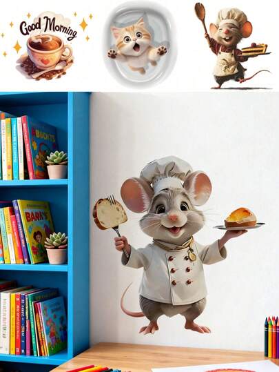 1PC- Wallpaper -[Mouse, Cat, Coffee Cup]Boy Kids Room Decor Home Self-Adhesive Baby Nursery Decor Girl Decor Wallpaper Removable Wall Stickers For Wall Decor Living Room, Girls Bedroom, Window Stickers – Cute & Creative For Wall Art Kids Room Decor Bedroom Decor