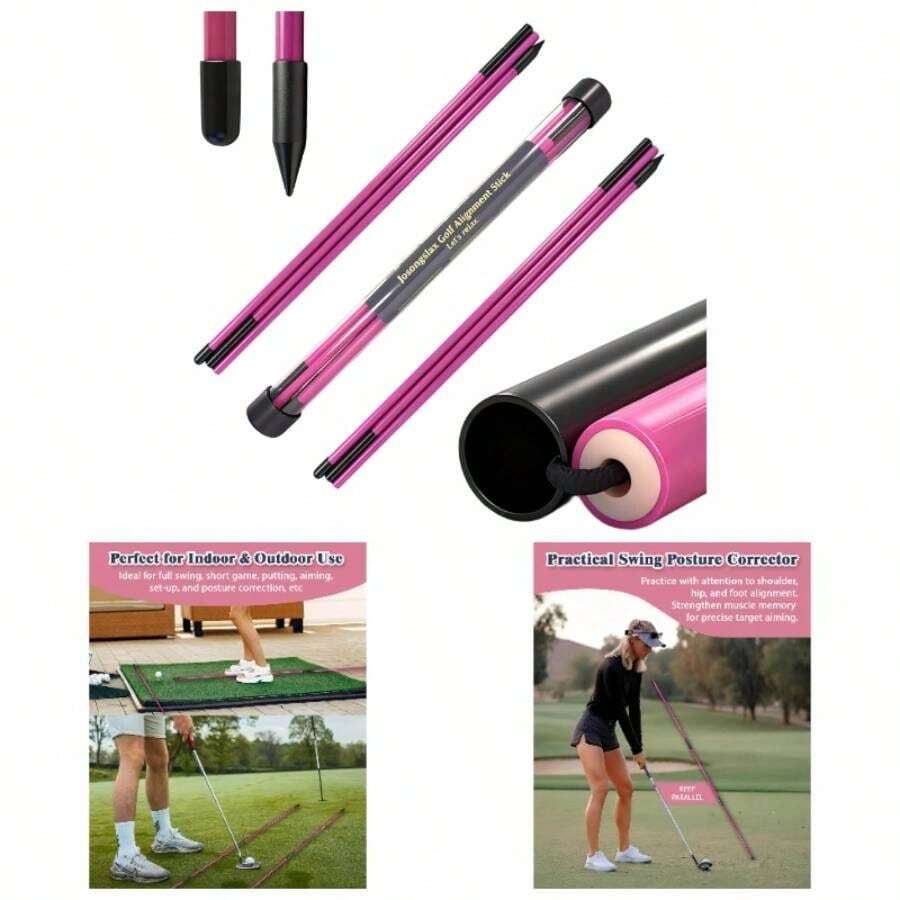 Alignment Sticks, 2 Pack Plastic 49 Inch Collapsible Alignment Stick Practice Rods Aid Aiming, Putting, Swing Trainer, Posture Corrector With Tube Case, Training Equipment - 粉色 - 查看 1