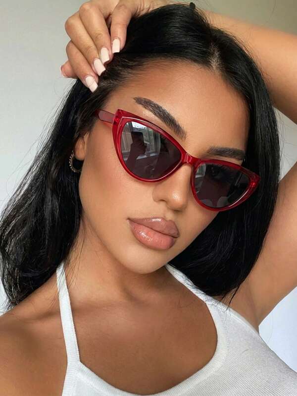 1 Pair Women's Burgundy Cat Eye PC Frame Fashion Glasses With Gray Lens, Retro Fashion Glasses Suitable For Daily Wear