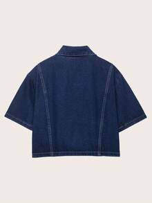 女士短袖单排扣口袋休闲牛仔衬衫，春夏款 - 深色水洗藍 - 查看 2