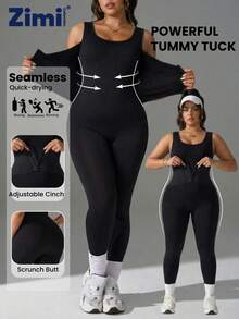 Zimi Collection 1XL-4XL Plus Size Seamless Shapewear Jumpsuit | Black Adjustable Front Buckle Tummy Control Waist Trainer Workout Bodysuit For Gym Daily Wear Under Dresses - Black - View 2