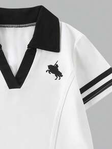 Bộ 2 món thời trang cho bé gái, áo cổ chữ V tay ngắn phối đen trắng và quần ống rộng, thích hợp mặc mùa hè. - trắng - Xem 5