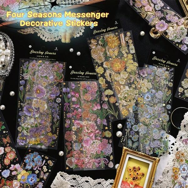 Four Seasons Messenger 3D Embossed Stickers Can Be Used For Hand Journal Stickers, Decorative Stickers, Vintage Flower DIY Journaling Collage Art, Featuring Flower Patterns And High-Quality Schedule Small Pattern Stickers, Transparent 3D Gold-Plated Schedule Stickers Set, Suitable For Small Schedules.